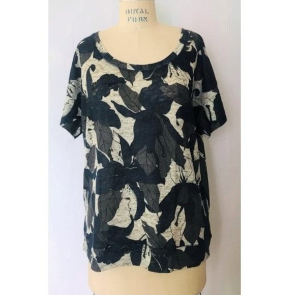ZARA NAVY GRAY BEIGE LINEN LEAF PRINT SHORT SLEEVE T-SHIRT MEDIUM - Picture 1 of 8